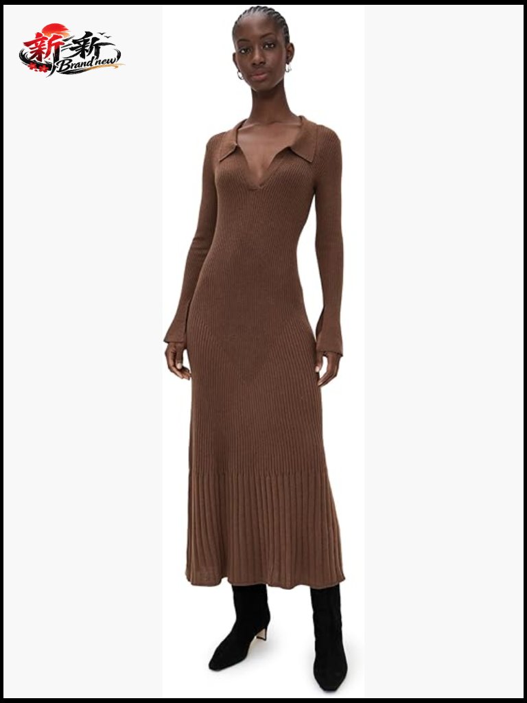 Long Sleeve Collared Neck Midi Shift Dress - Lightweight Ribbed Knit